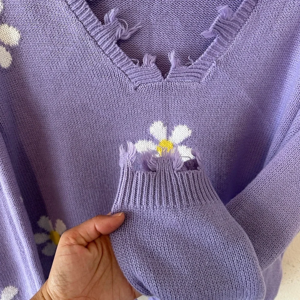 Self Esteem Lavender Daisy V-Neck Sweater - Picture 3 of 6